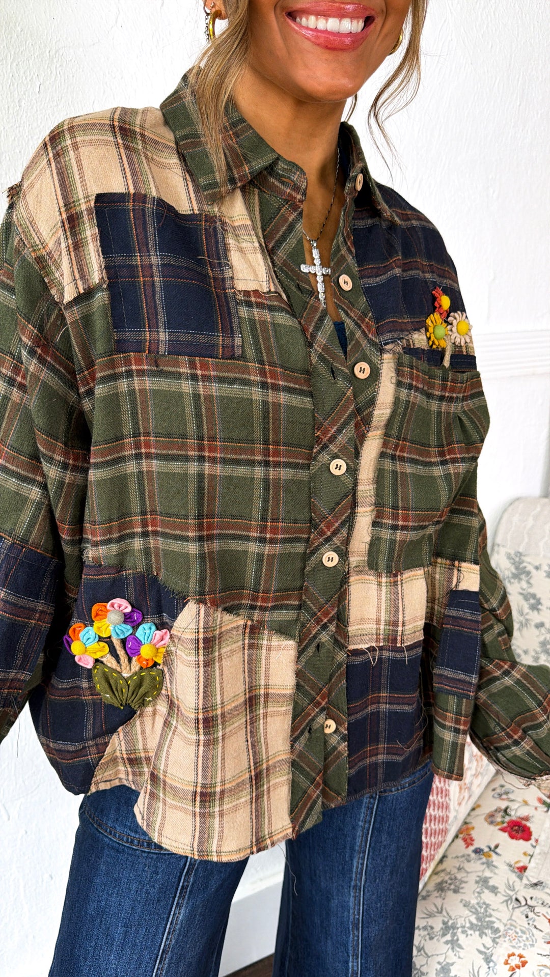 Touch Of Floral Detailed Flannel, Green Multi