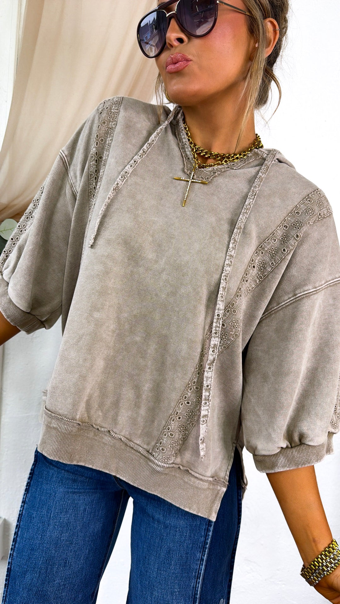 Charlie Hooded Trimmed Top, Mocha