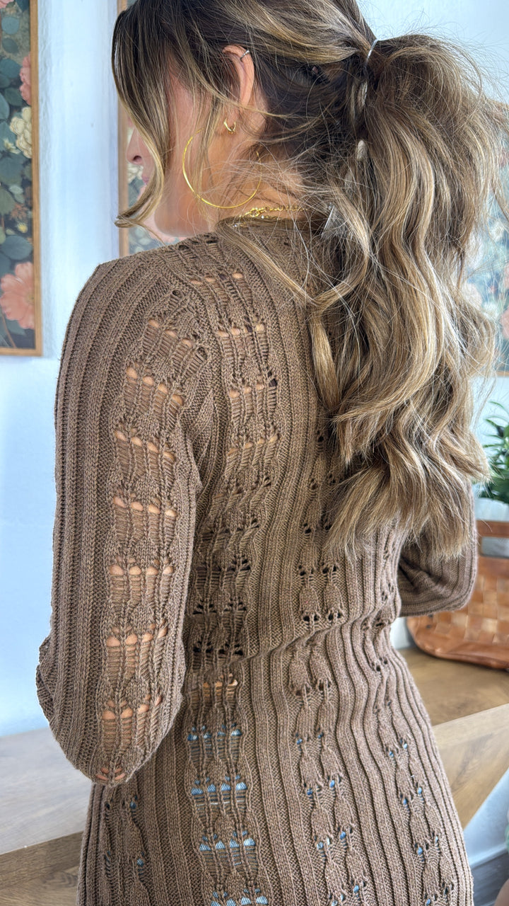 Rustic Rose Knit Long Cardigan, Mocha