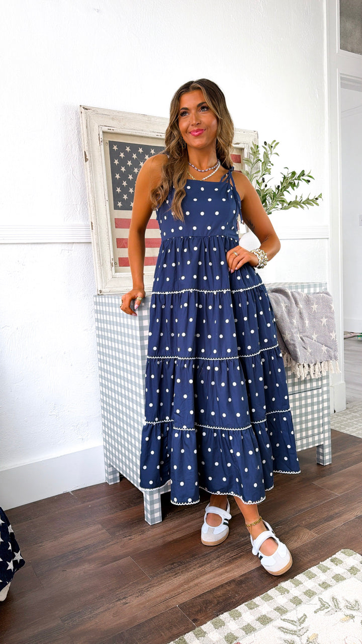 Mediterranean Midnight Polka Dot Dress, Navy