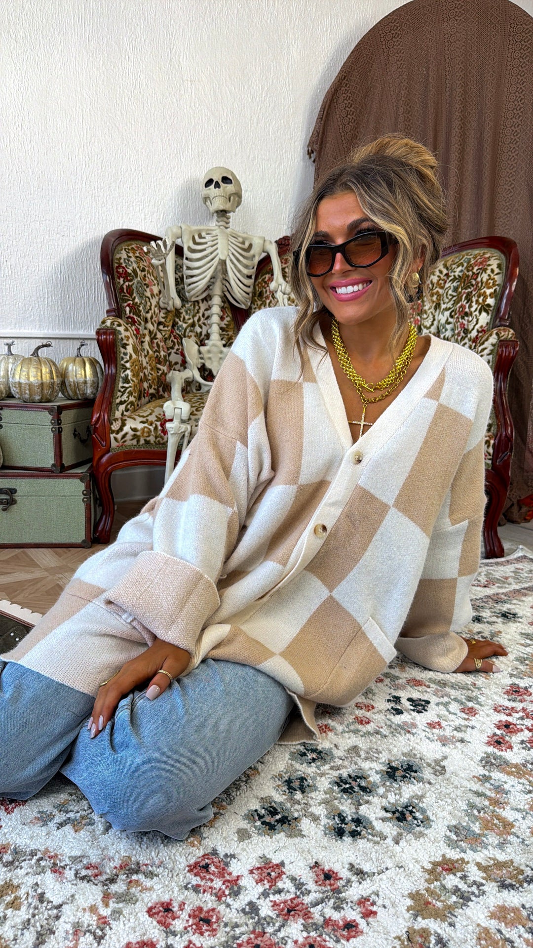Square Checkered Long Cardigan, Tan/Cream