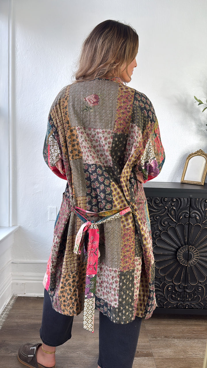 Laguna Mist Patchwork Duster Cardigan, Taupe/Pink/Multi