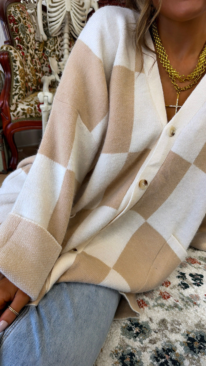 Square Checkered Long Cardigan, Tan/Cream