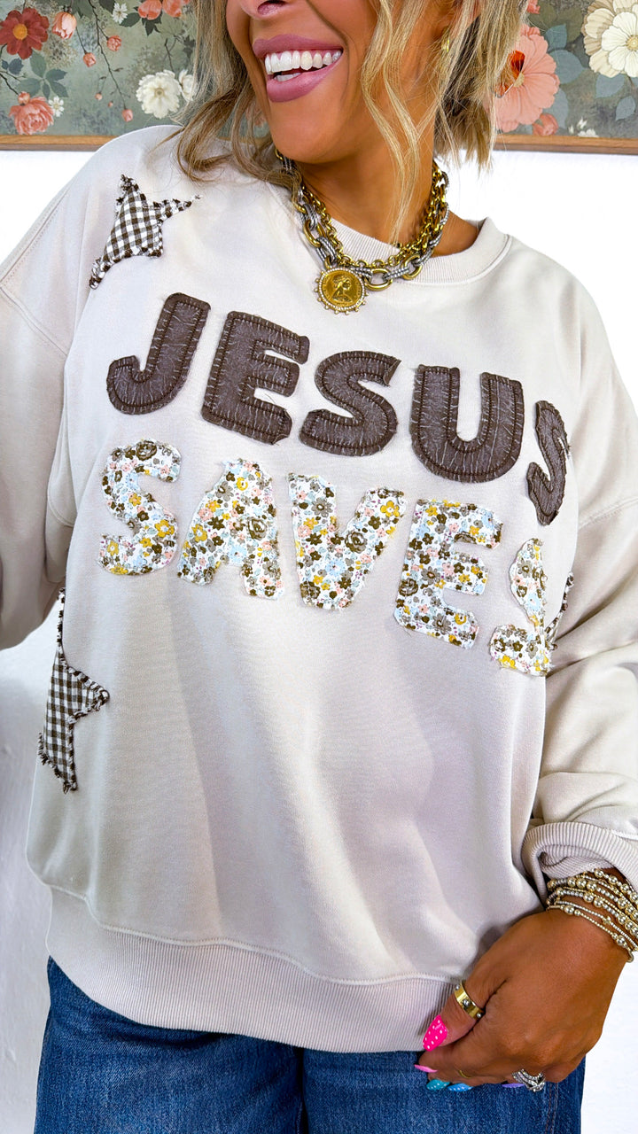 Patchwork Jesus Saves Crewneck, Latte