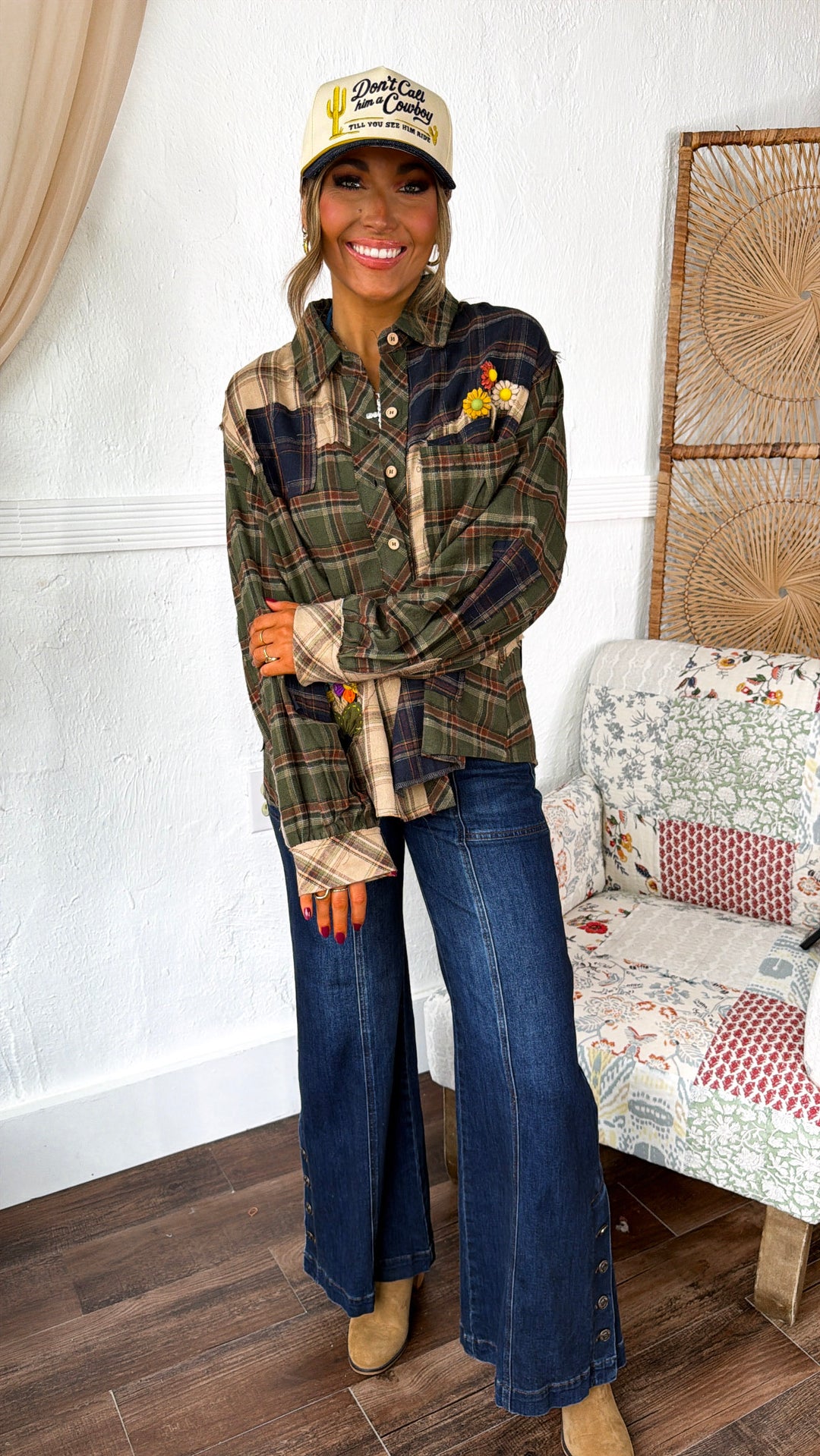 Touch Of Floral Detailed Flannel, Green Multi