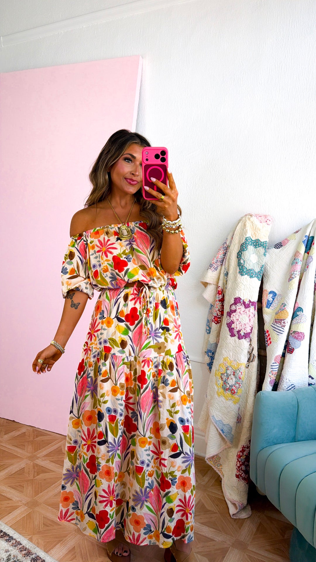 Floral Bouquet Two Piece Set, Tan/Multi