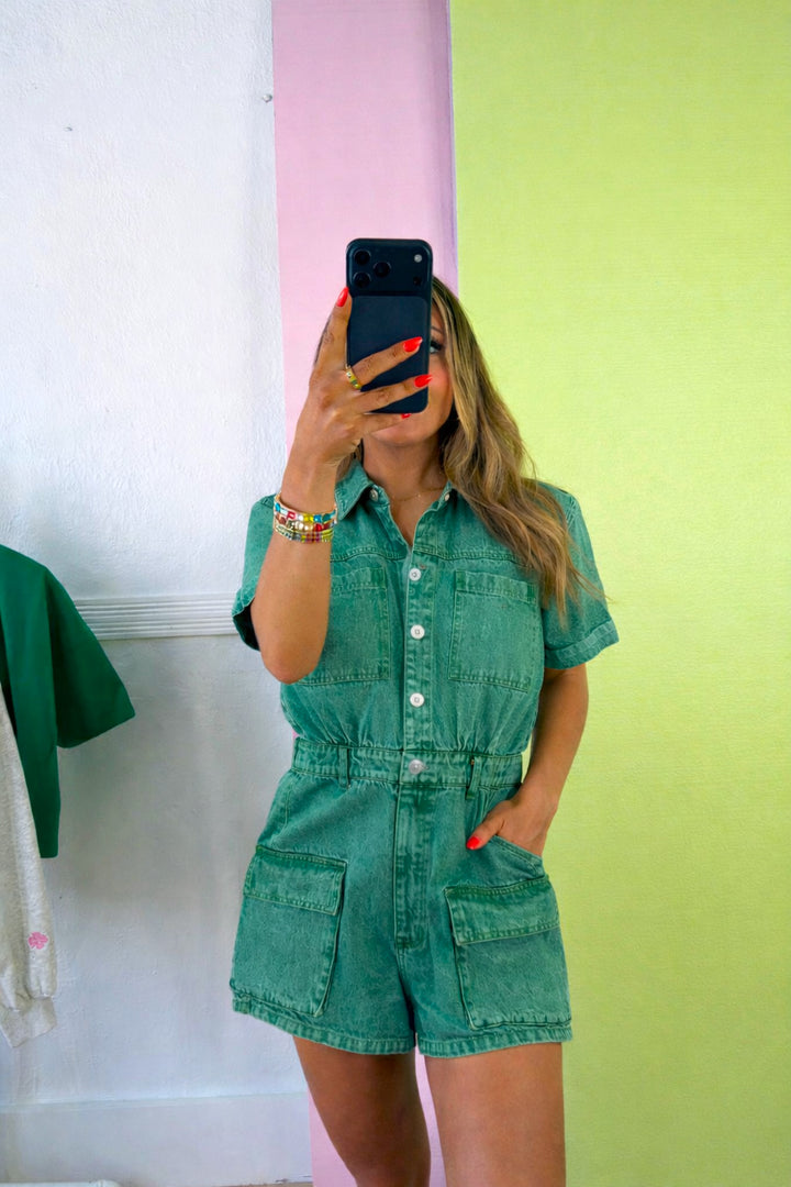 Lucky You Denim Romper, Green