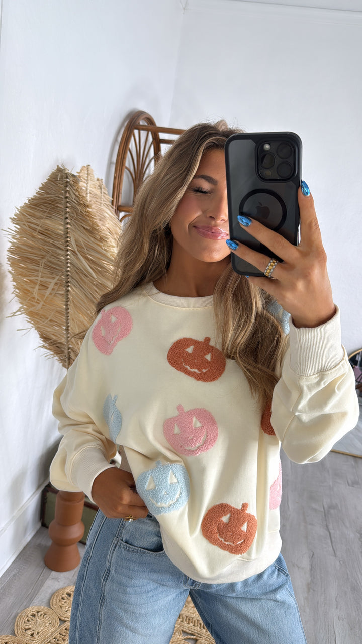 Oversized Pumpkin Embroidered Sweater, Ivory