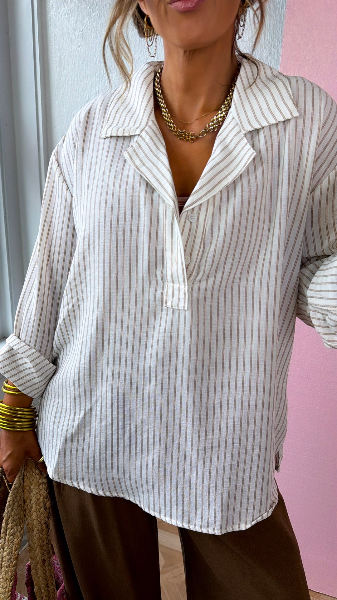 Hazel Latte Button Down, Mocha/White