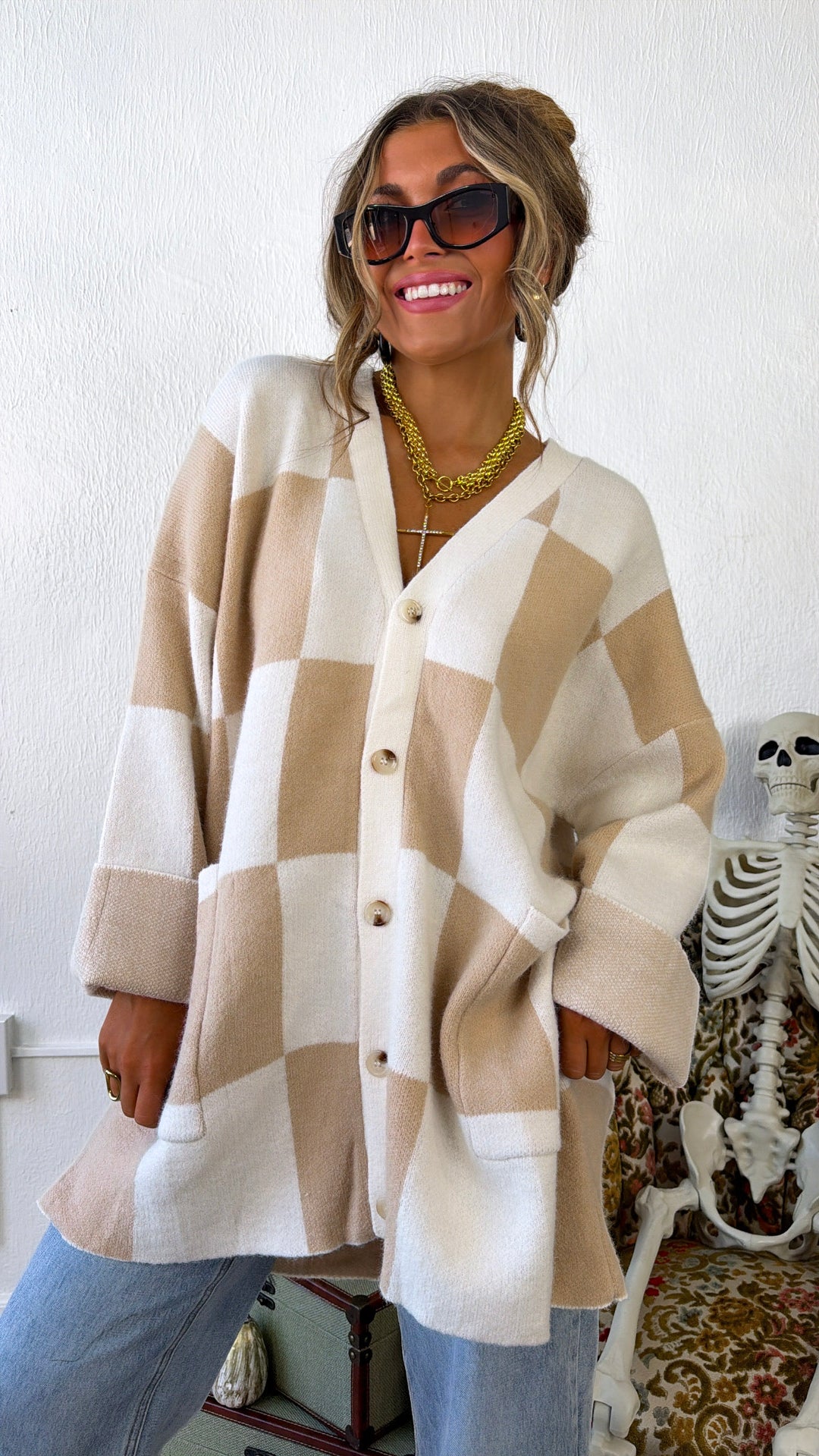 Square Checkered Long Cardigan, Tan/Cream