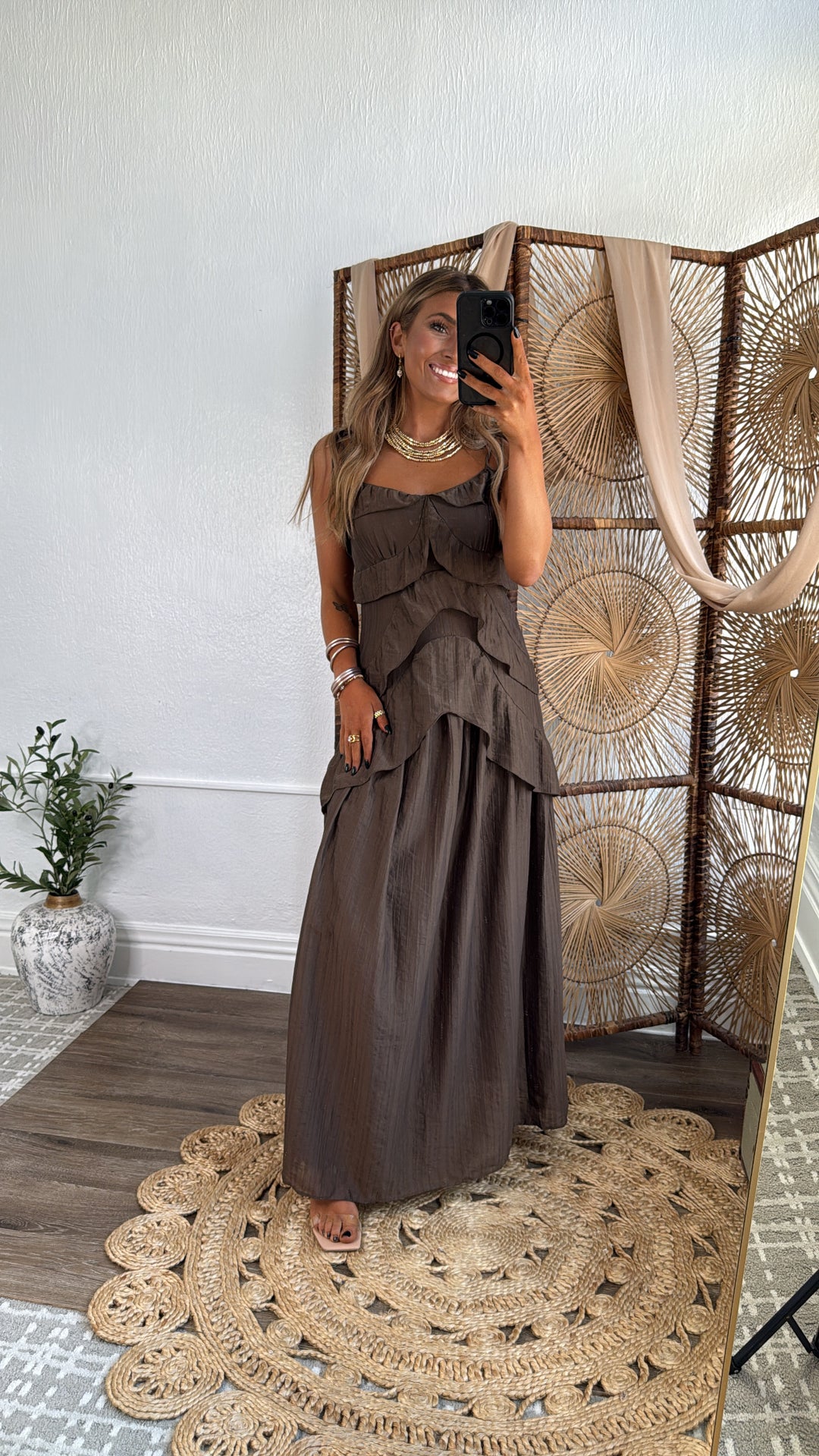 Mocha Rose Ruffled Dress, Chocolate Brown
