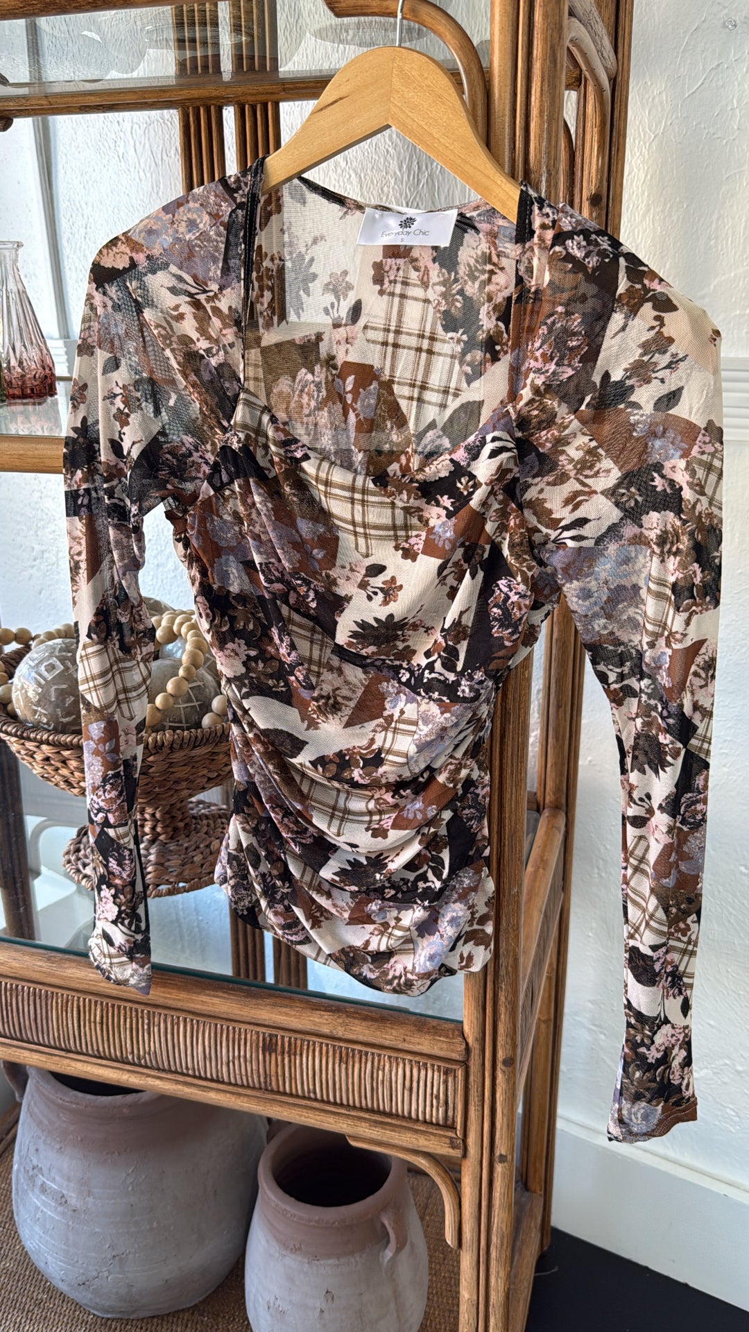 Faded Flora Mesh Top, Cream/Brown