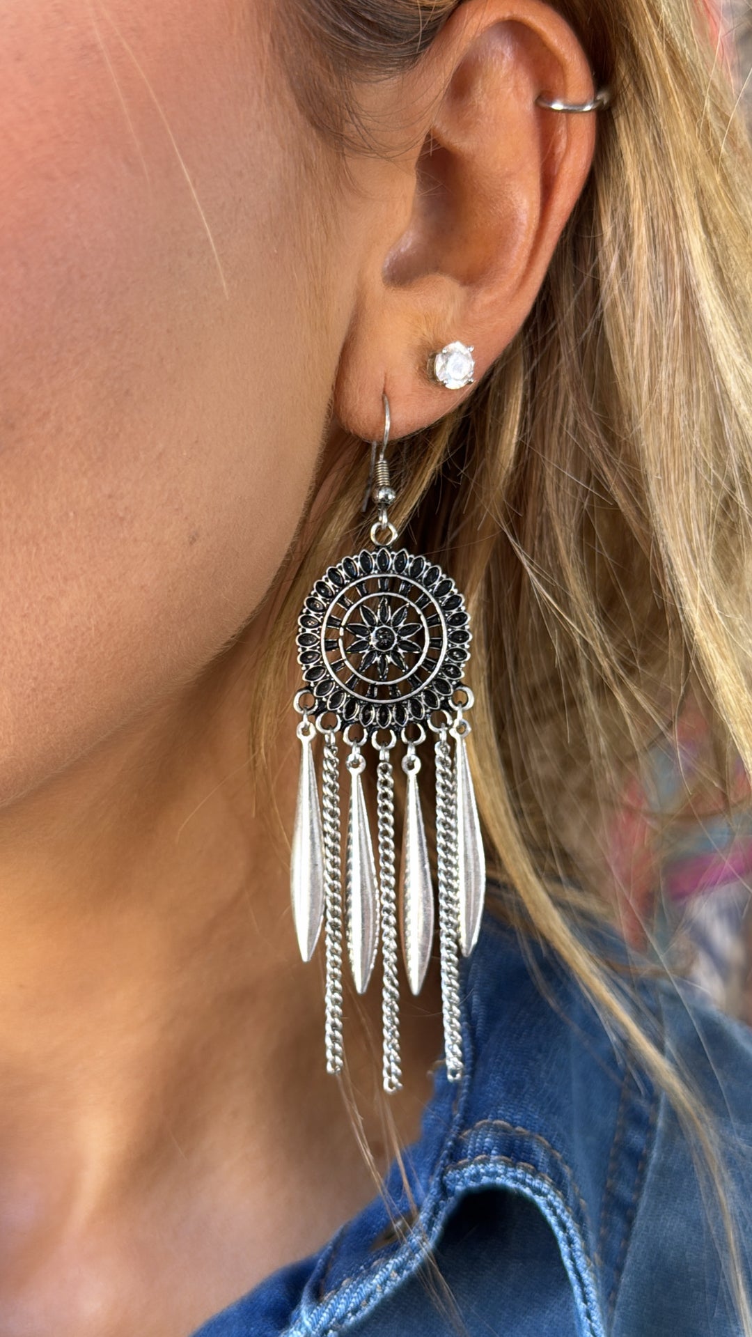 Dream Catcher Dangle Earring, Silver