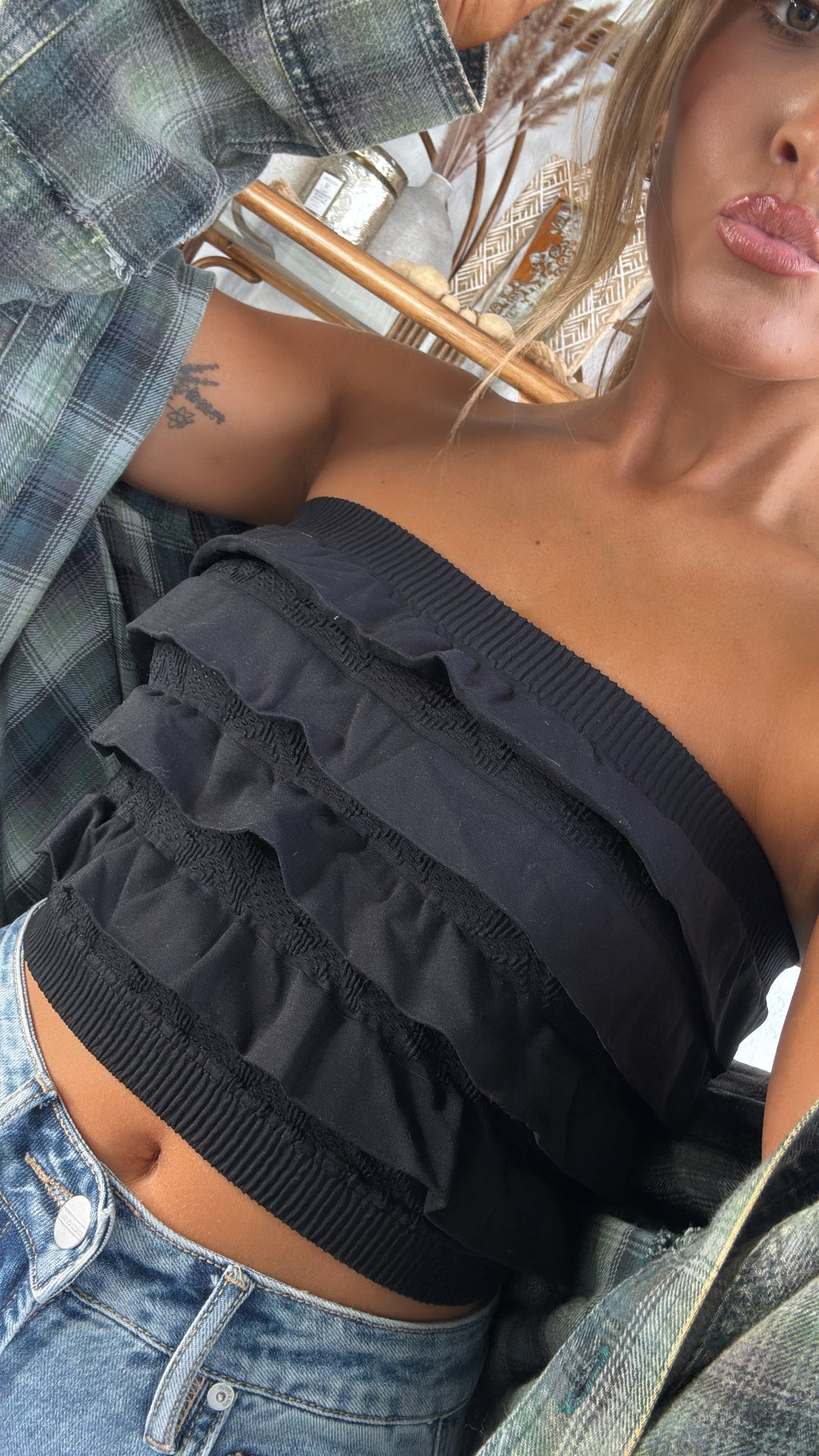 Layered Ruffled Tube Top, Black