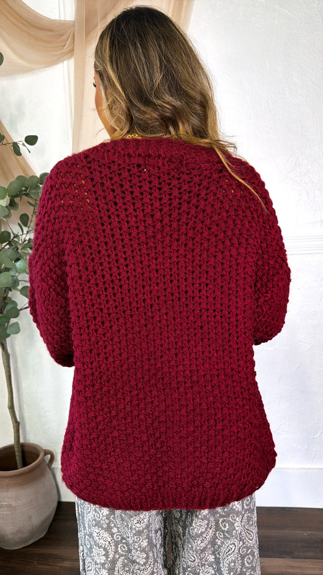 Slouchy Knit Button Cardigan, Burgundy