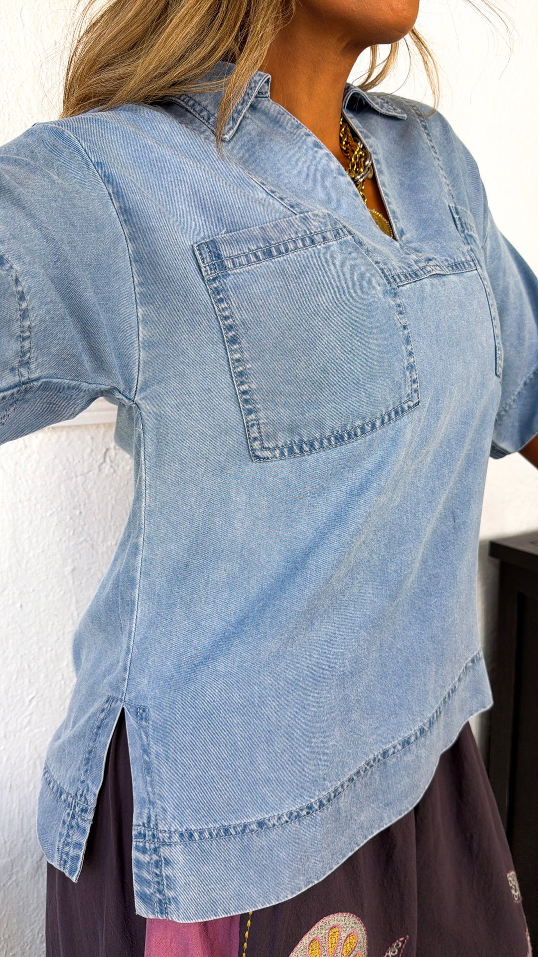 Denim Collared Patch Pocket Pullover, Denim