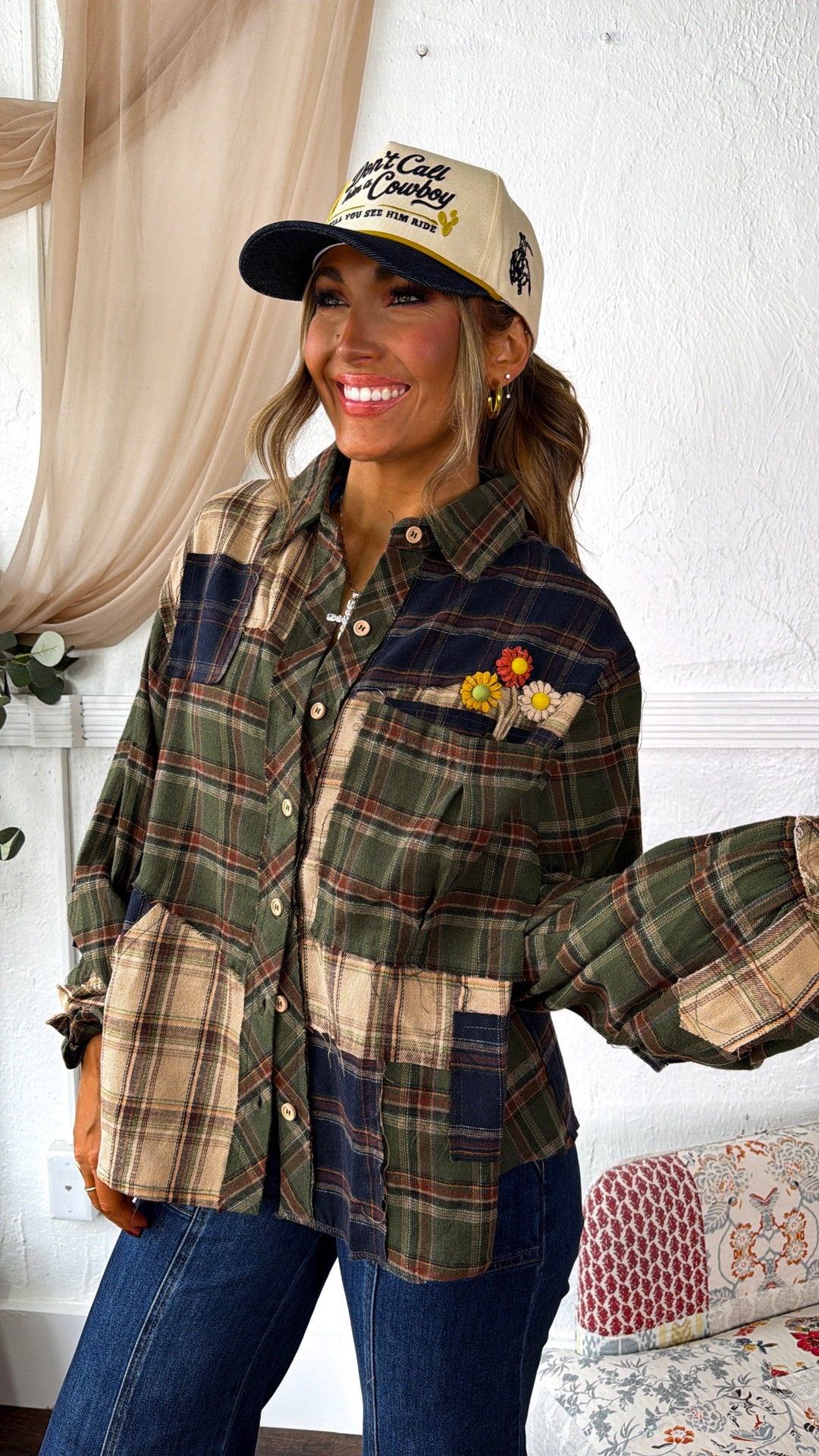 Touch Of Floral Detailed Flannel, Green Multi