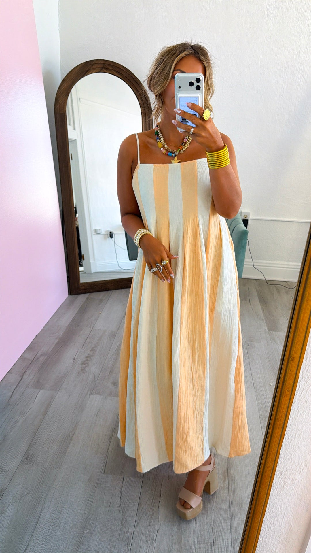 Sunshine Ribbon Midi Dress, Cream/Coral