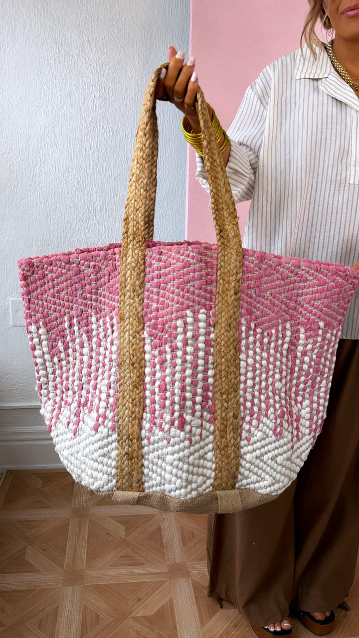 Summer Woven Tote Bag, Ivory/Pink