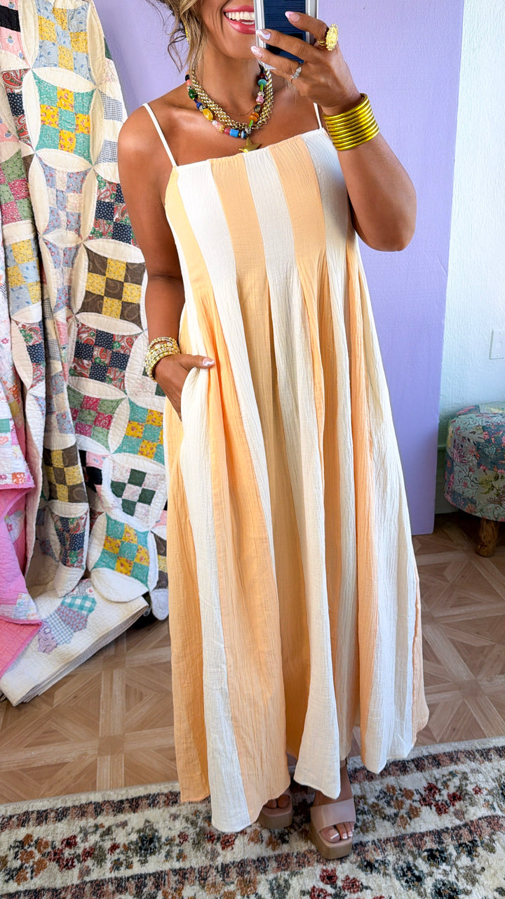 Sunshine Ribbon Midi Dress, Cream/Coral