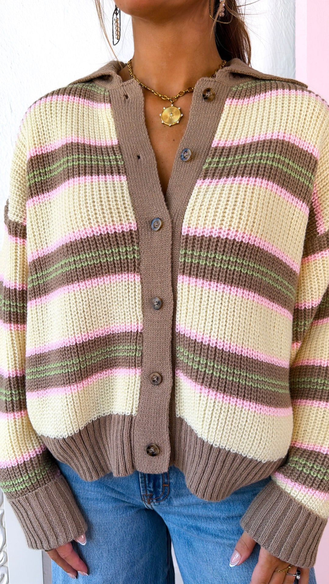 Multi Stripe Collared Sweater, Butter Mocha