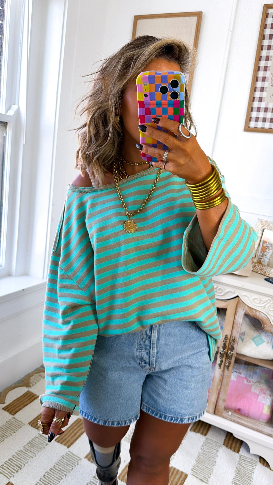 Blushing Stripe Top, Aqua