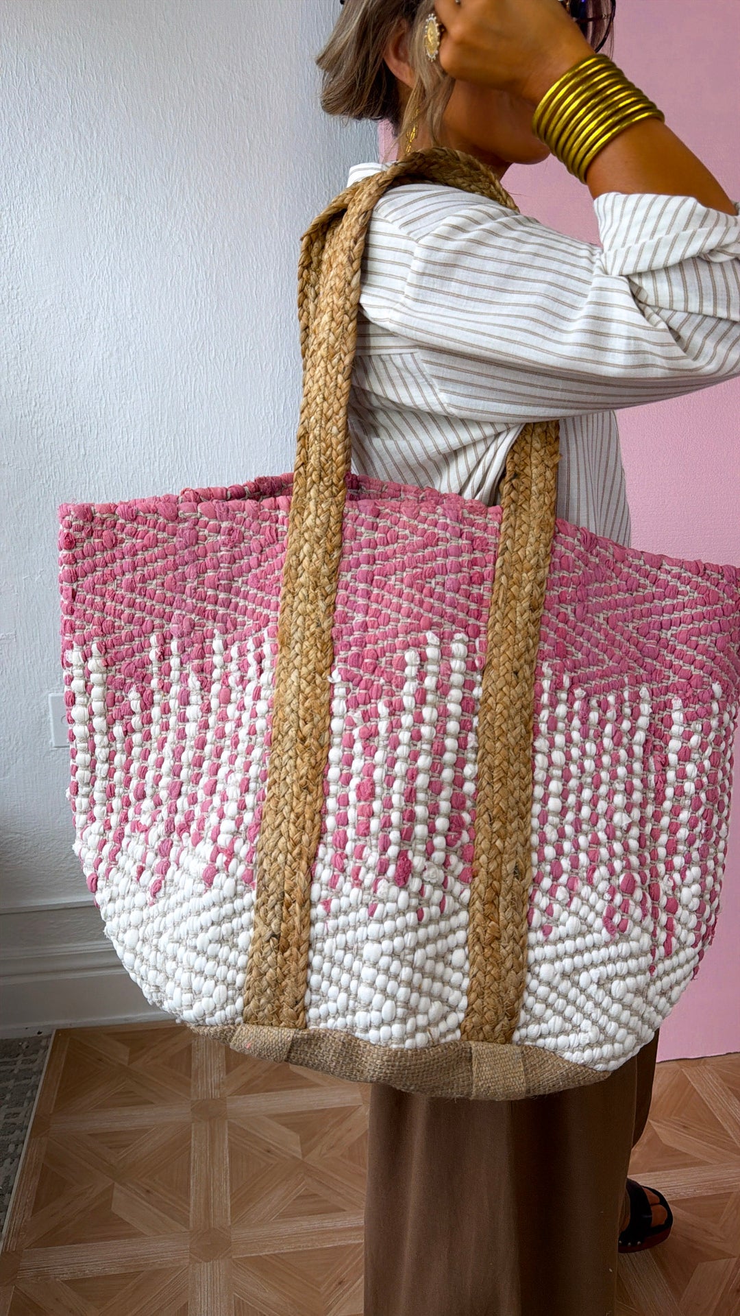 Summer Woven Tote Bag, Ivory/Pink