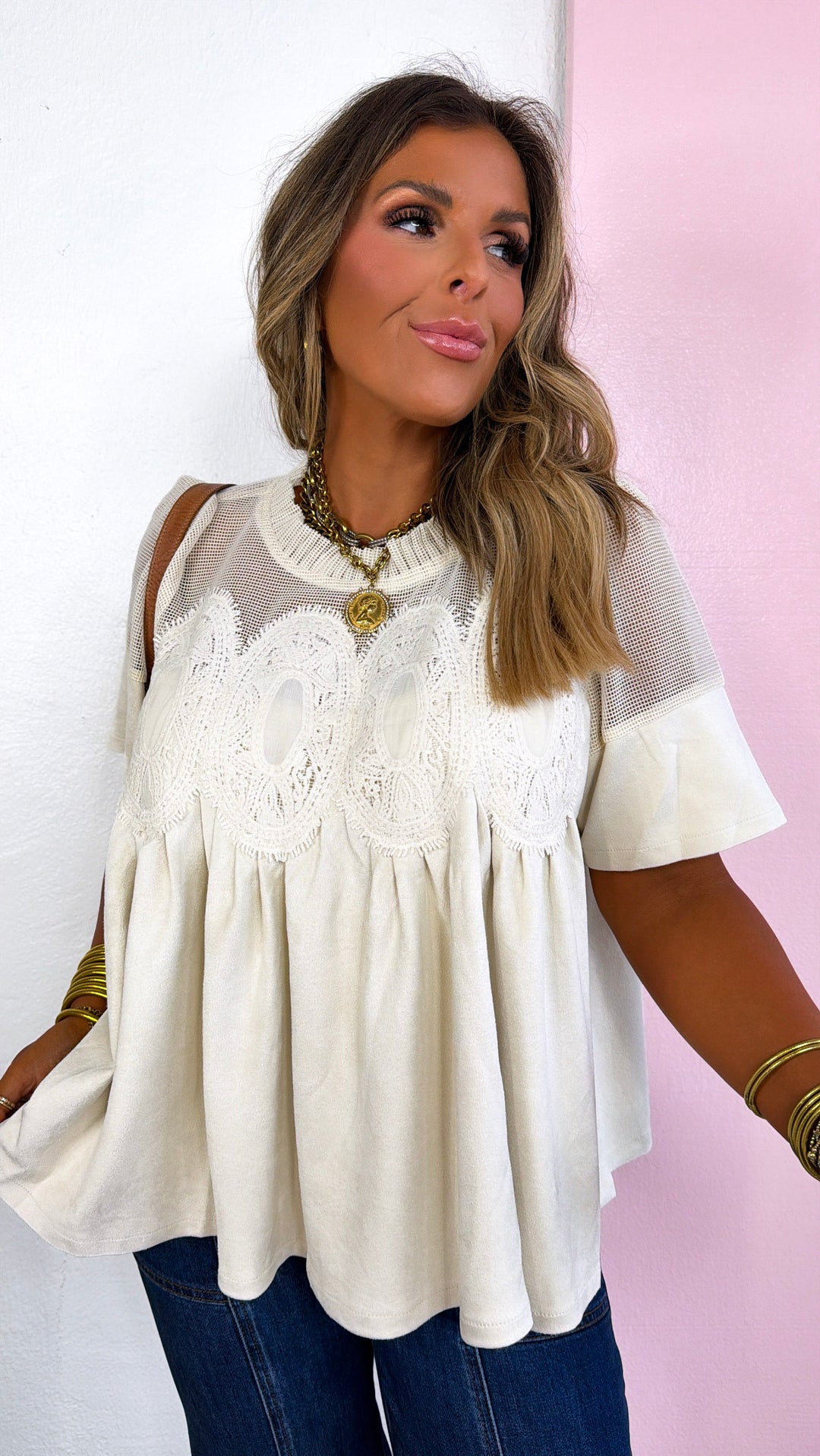Suede Detailed Blouse, Ivory