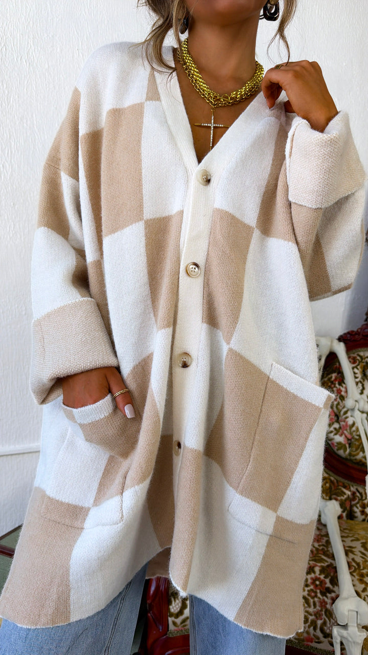 Square Checkered Long Cardigan, Tan/Cream