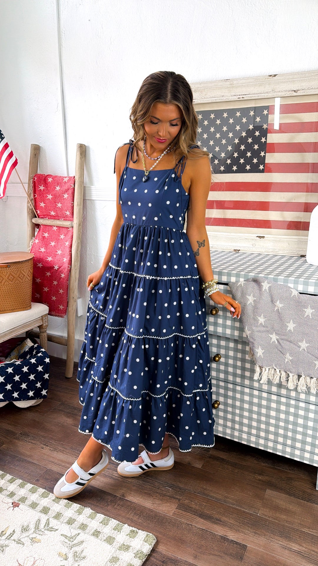 Mediterranean Midnight Polka Dot Dress, Navy Medium
