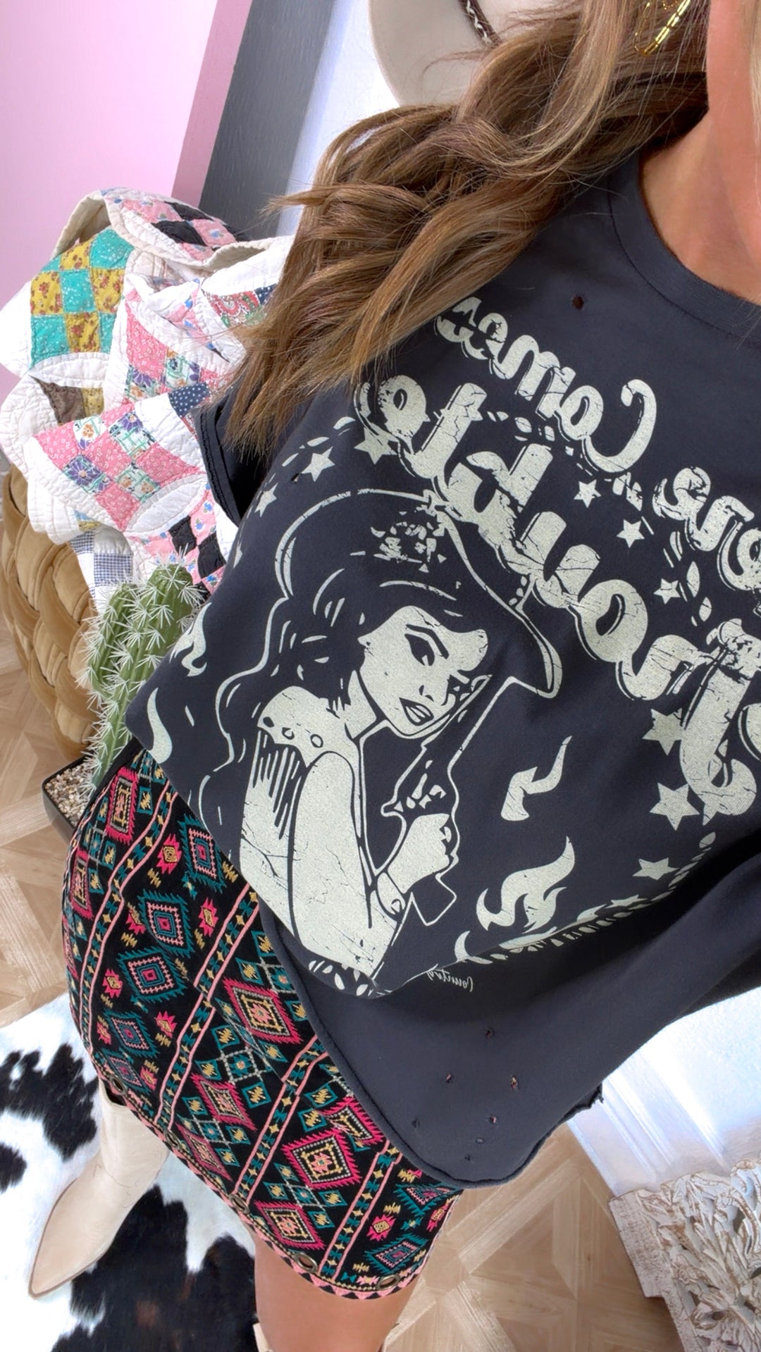 PRE ORDER JUNE 10: Distressed Here Comes Trouble Graphic Tee, Washed Black