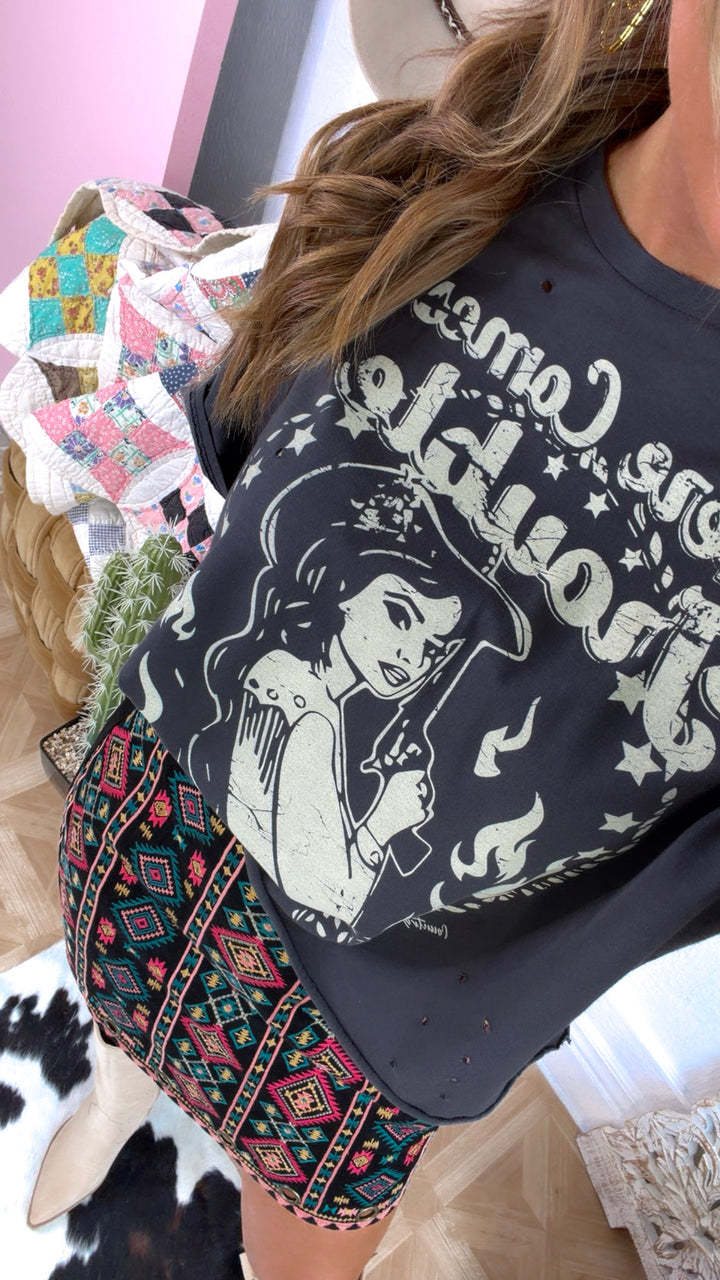 PRE ORDER JUNE 10: Distressed Here Comes Trouble Graphic Tee, Washed Black