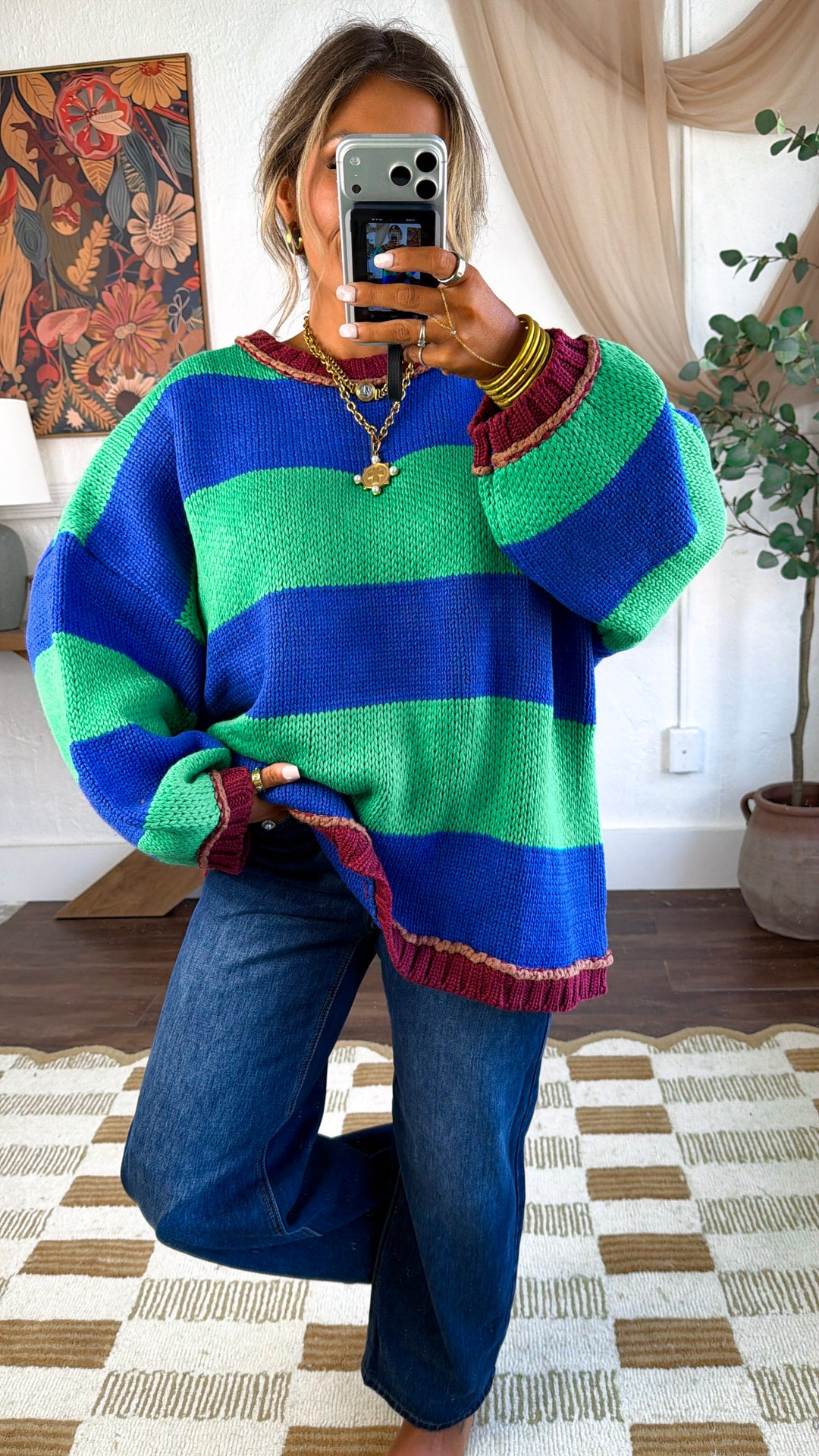 Old School Stripe Sweater, Green/Blue