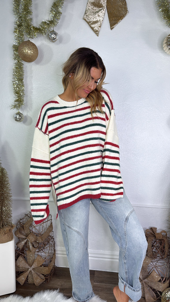 Tinsel Twist Sweater, Ivory/Red/Green