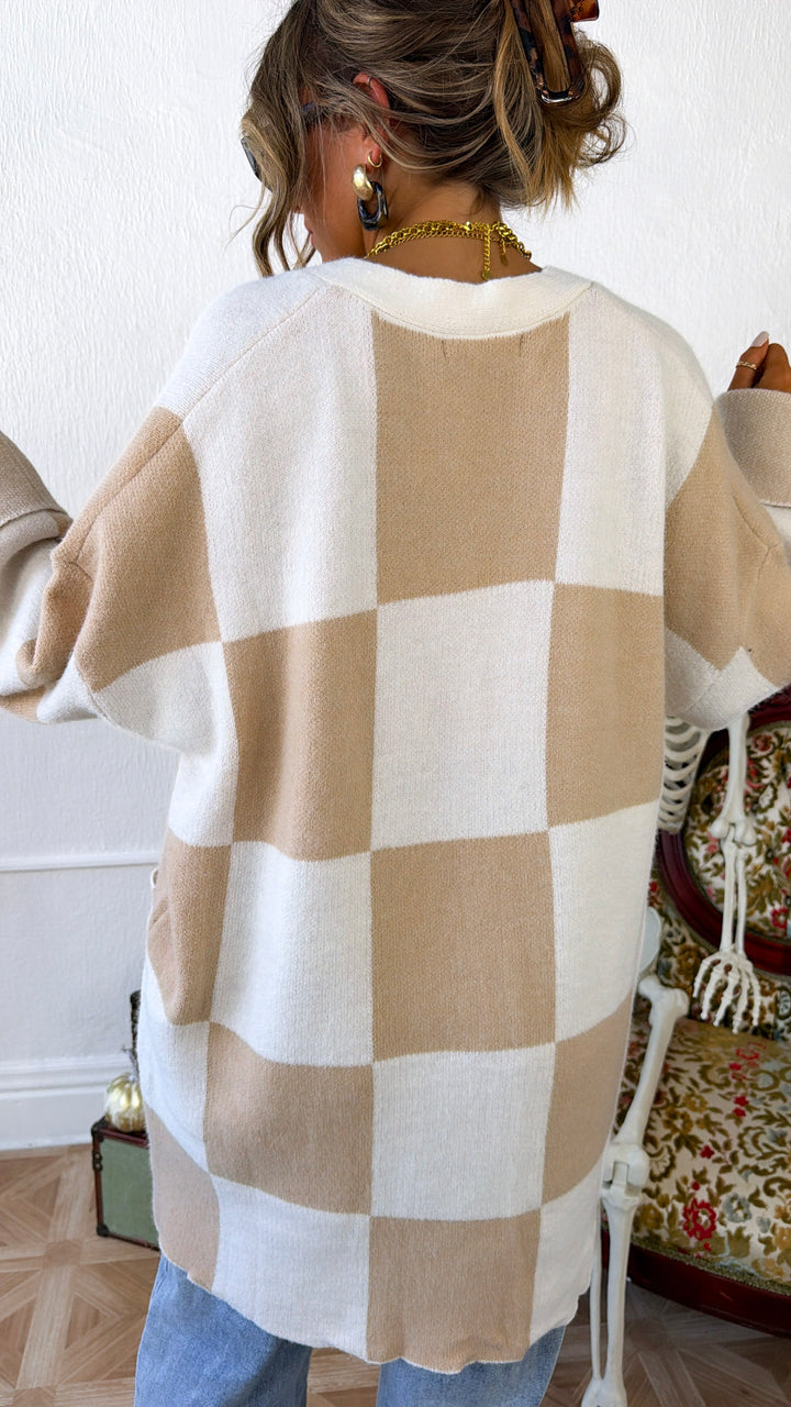 Square Checkered Long Cardigan, Tan/Cream