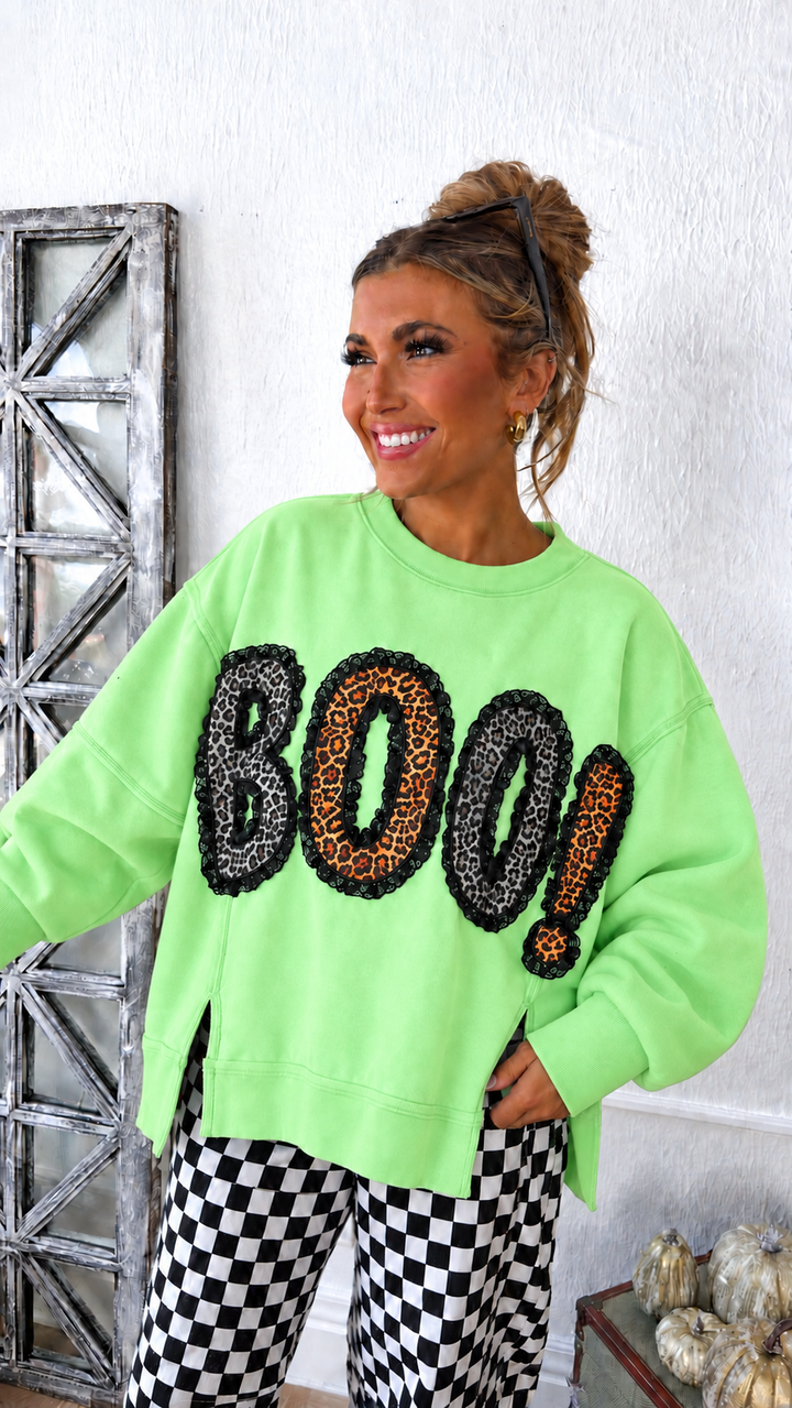 Leopard Boo & Lace Sweatshirt, Dk.Lime