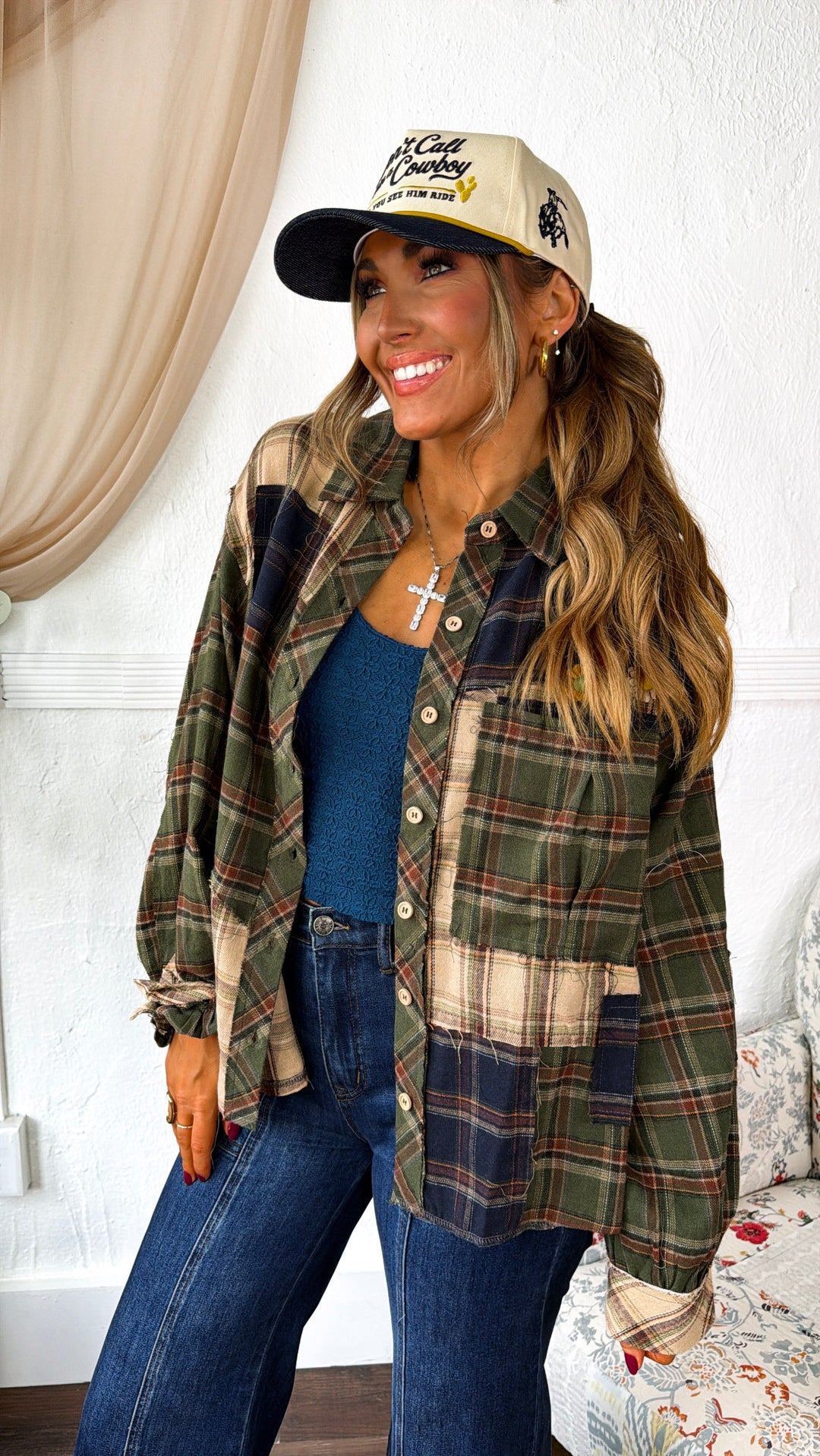 Touch Of Floral Detailed Flannel, Green Multi