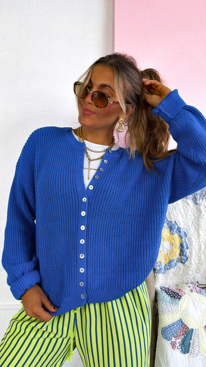 Iris Button Up Sweater, Cobalt