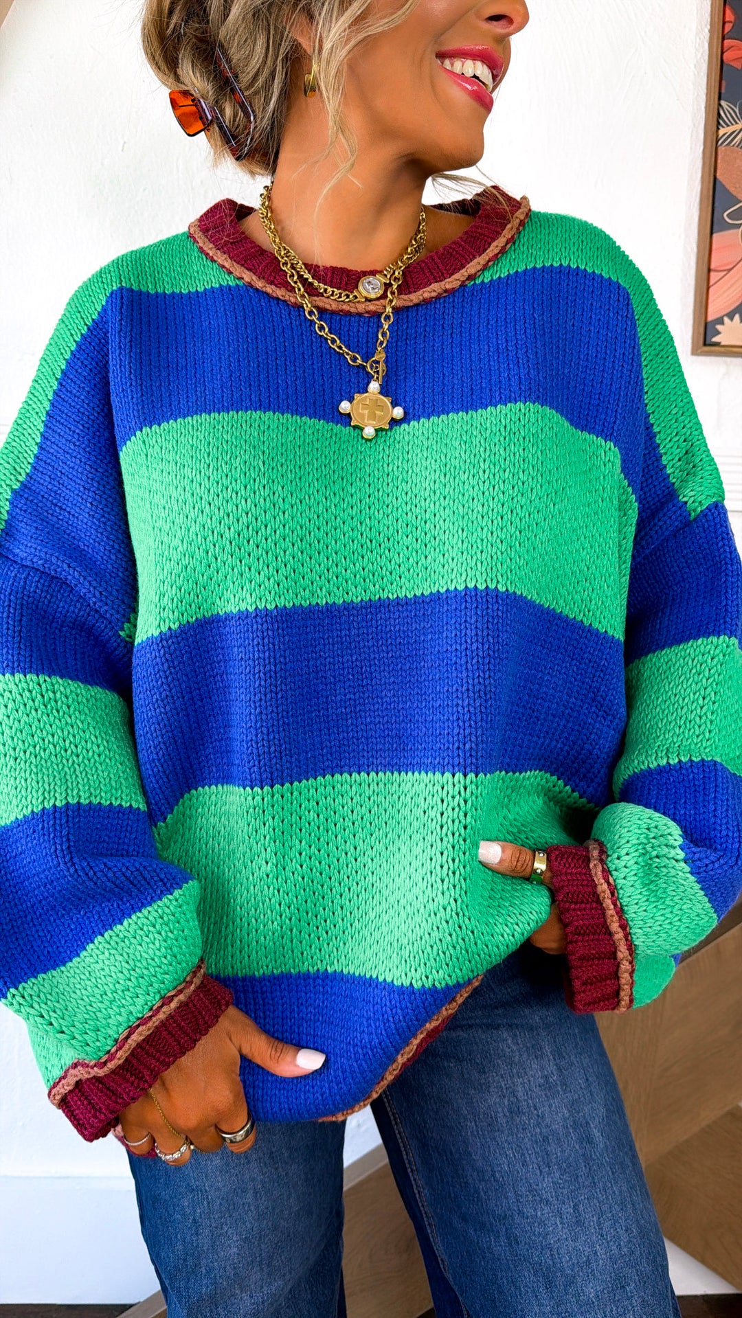 Old School Stripe Sweater, Green/Blue