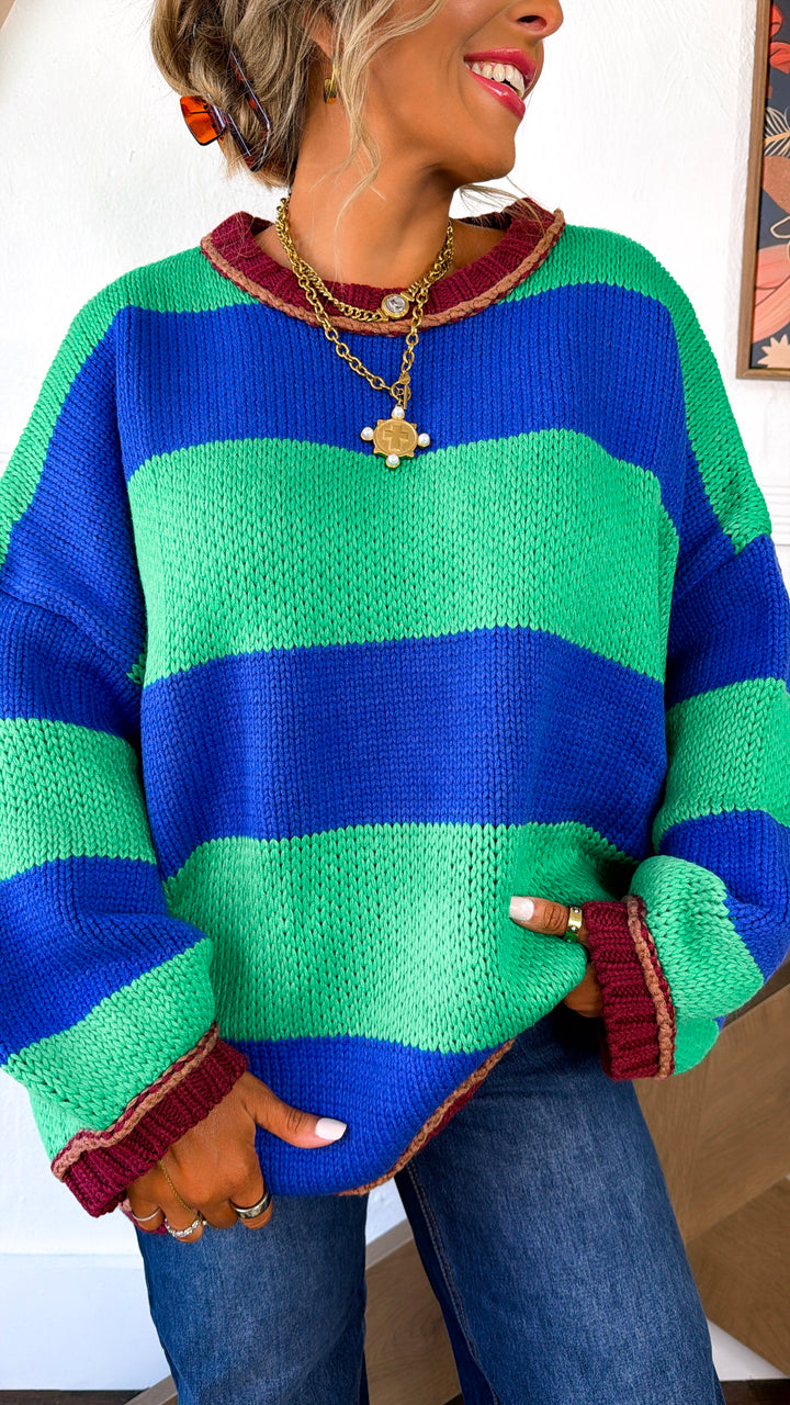 Old School Stripe Sweater, Green/Blue