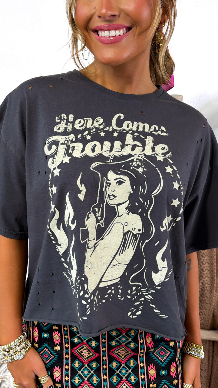 PRE ORDER JUNE 10: Distressed Here Comes Trouble Graphic Tee, Washed Black