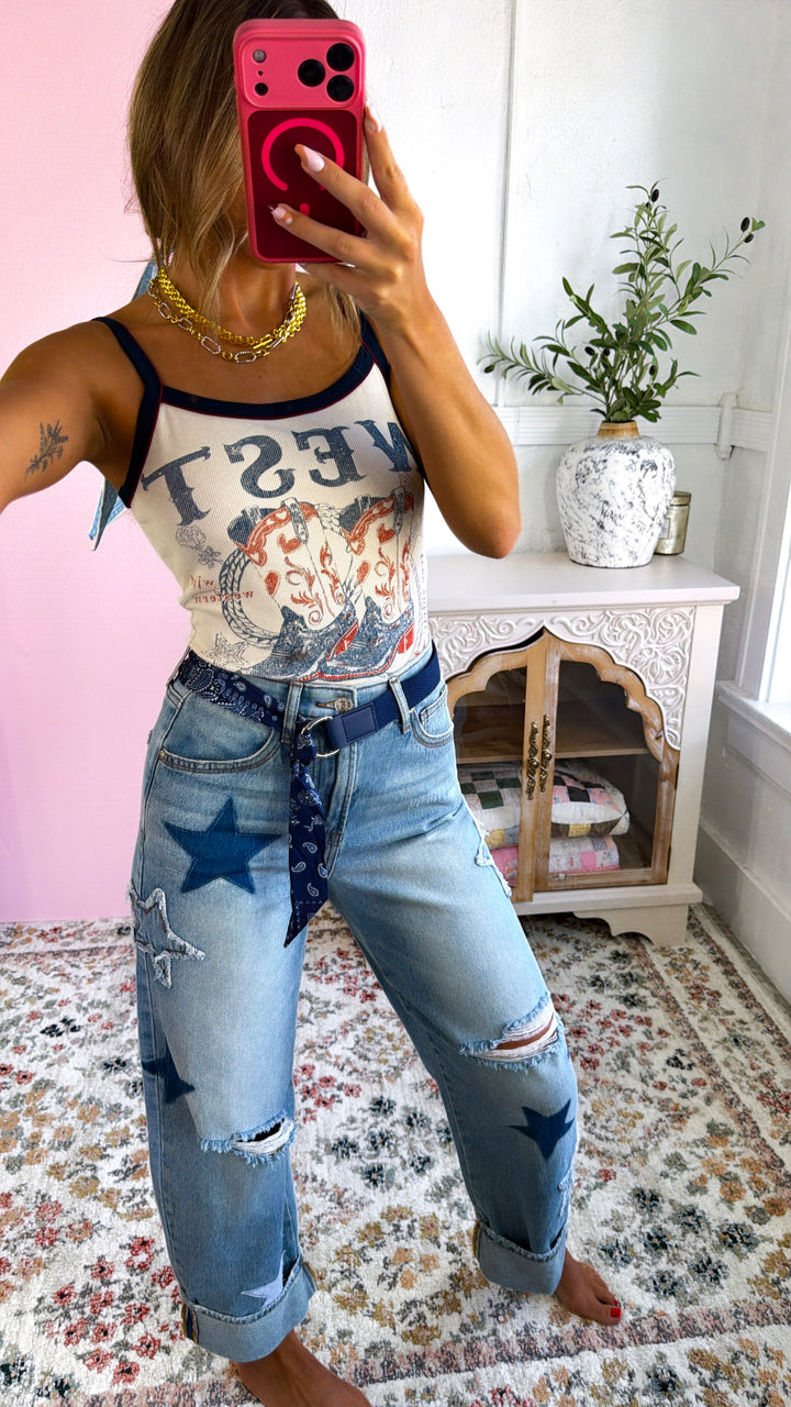 Lucky Star Patched Jeans, Medium Wash