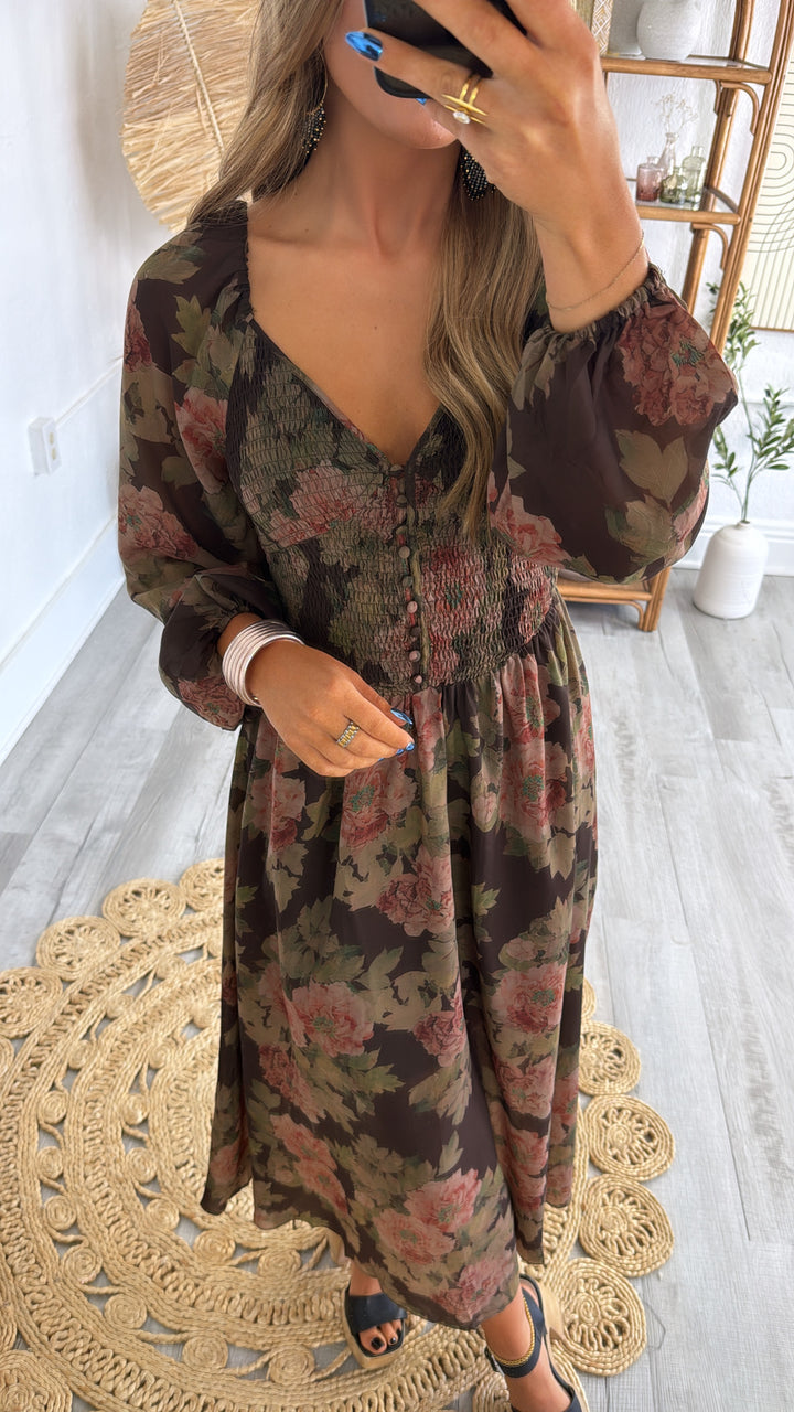 Golden Rue Midi Dress, Chocolate