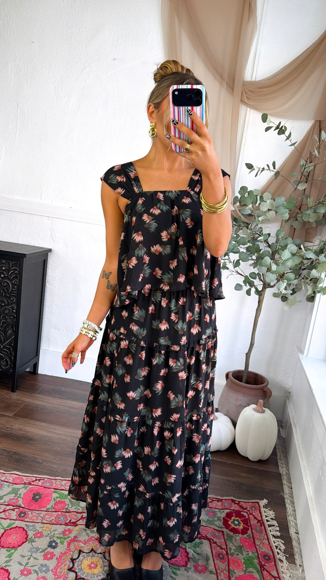 Floral Print Square Neck Top, Black Multi