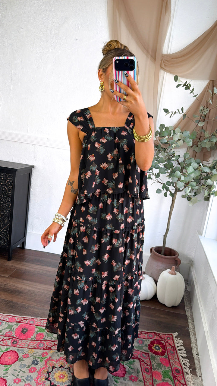 Floral Print Square Neck Top, Black Multi