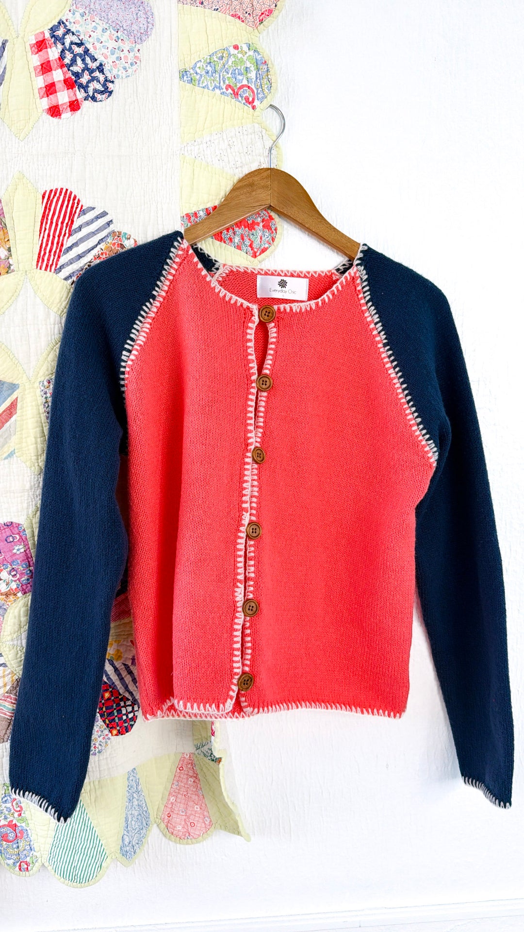 Raspberry Knit Cardigan, Punch/Navy