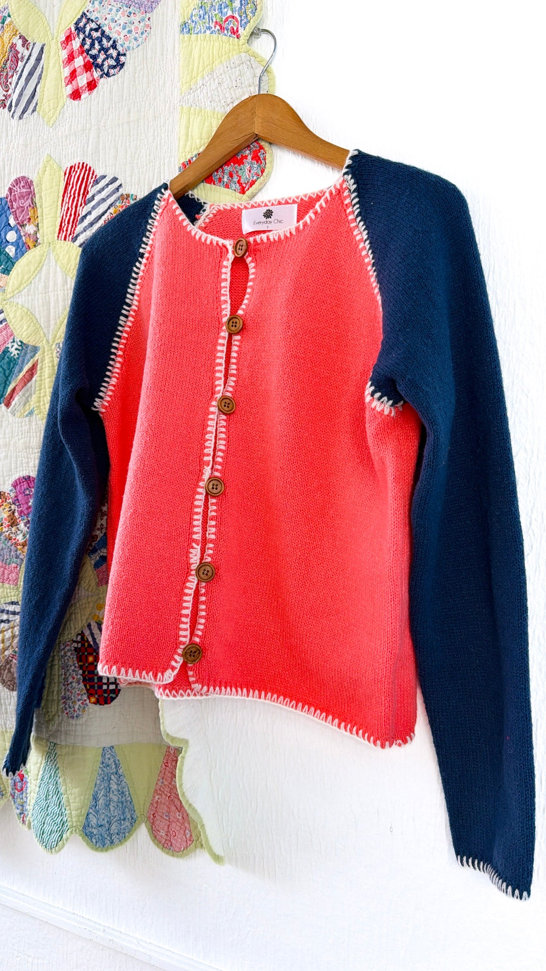 Raspberry Knit Cardigan, Punch/Navy