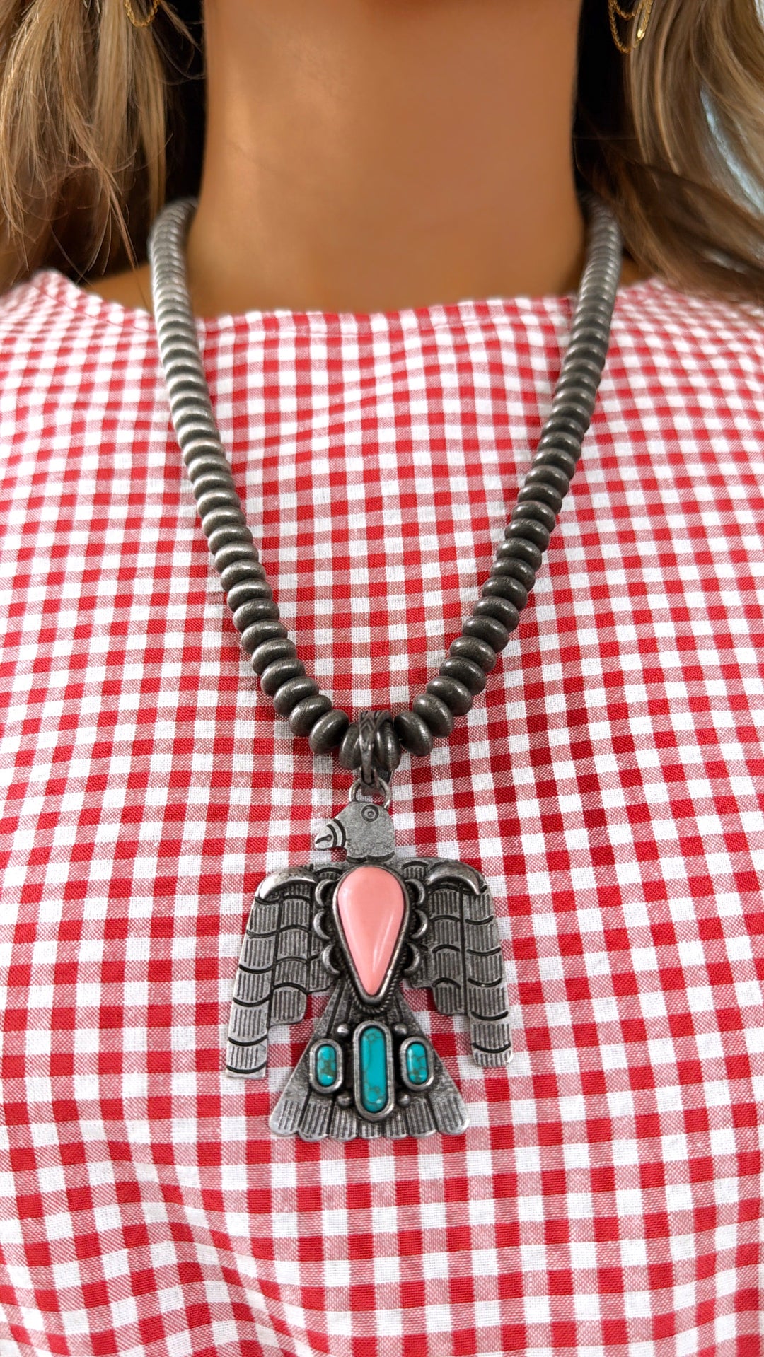 Eagle Pendant Beaded Necklace, Lt.Pink