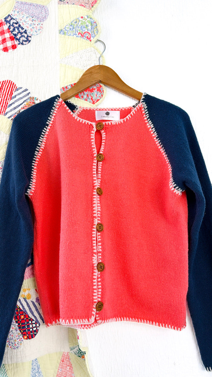 Raspberry Knit Cardigan, Punch/Navy