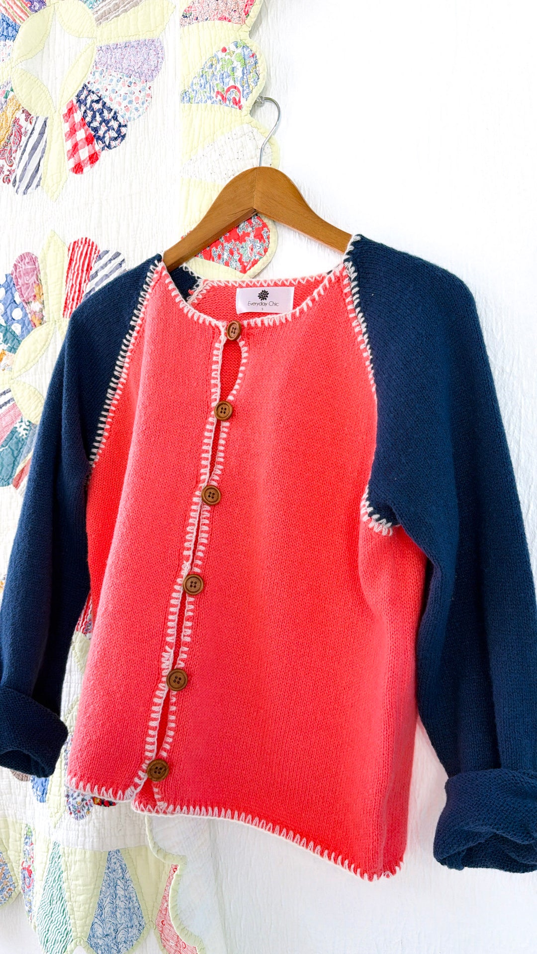 Raspberry Knit Cardigan, Punch/Navy